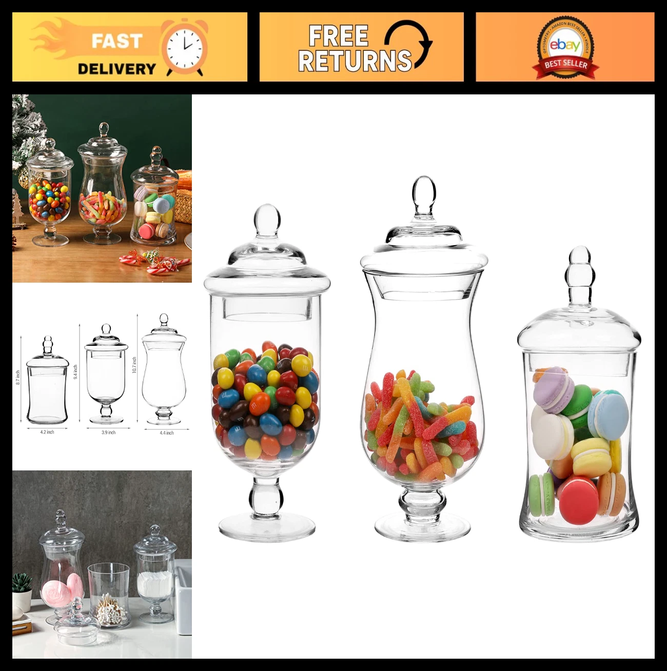 Clear Glass Apothecary Jars with Lids - Decorative Footed Vases, Candy Buffet Se