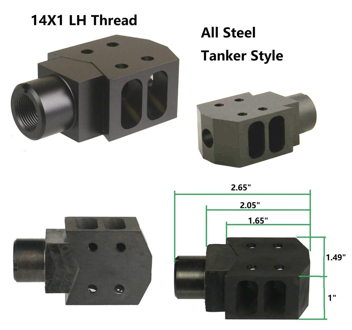14x1 LH Left Hand Thread Steel Tanker Muzzle Brake F 7.62x39mm