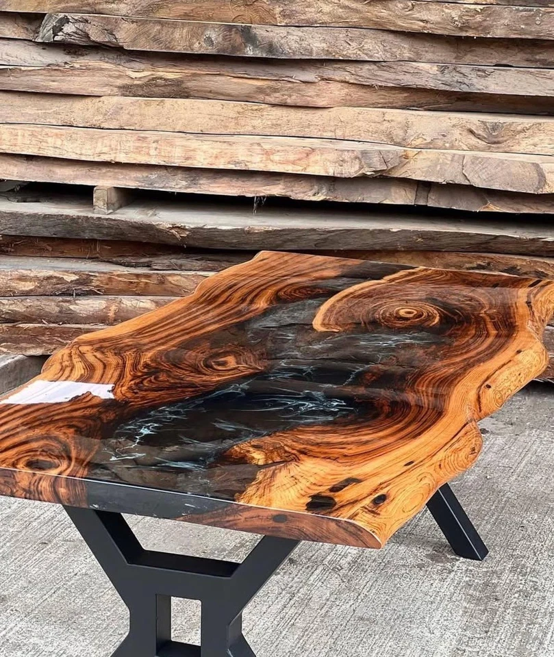 48" x 24" Custom Handmade Chestnut Wood Epoxy Table | Glossy Black & White Epoxy - Image 4 of 4
