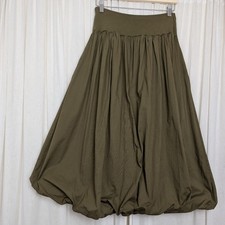 Made In Italy Balloon Hem Midi Skirt Bubble Cotton Khaki Green OS 8-16 Lagenlook