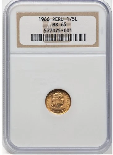 1966 Peru 1/5 Libra Gold Coin – NGC MS65 – .0471 oz AGW 🇵🇪