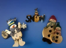 Lot of 3 Primitive Style Wooden Christmas Ornaments~2 Hanging Snowman & 1 Pin