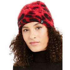 DKNY Womens Red Fuzzy Animal Print Beanie Hat One Size MSRP 36