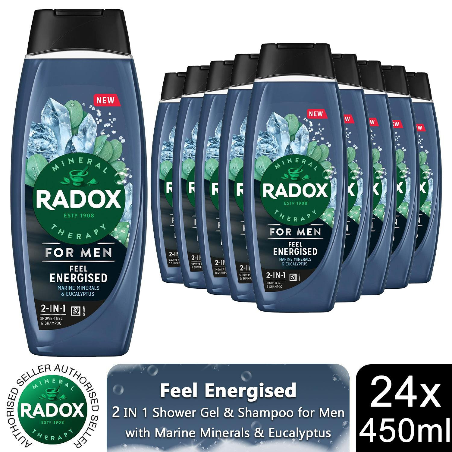 24x Radox Mineral Therapy Feel Energised 2in1 Shower Gel & Shampoo for Men,450ml