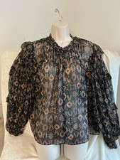 Fabulous Ulla Johnson Black Pattern Sheer Miray Silk Blouse Size 12