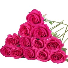 12 Pack Hot Pink Roses Artificial Flowers with Stems Silk Fuschia Rose Bouque...