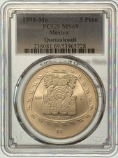 1998 5 PESOS MEXICO QUETZALCOATL PCGS MS69 Km-665 RARE