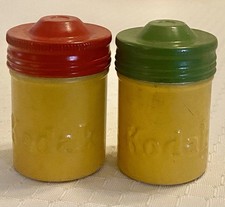 2 Kodak Embossed Yellow Canisters 1 Red/1 Grn Lid With Film Rolls No Cartridges