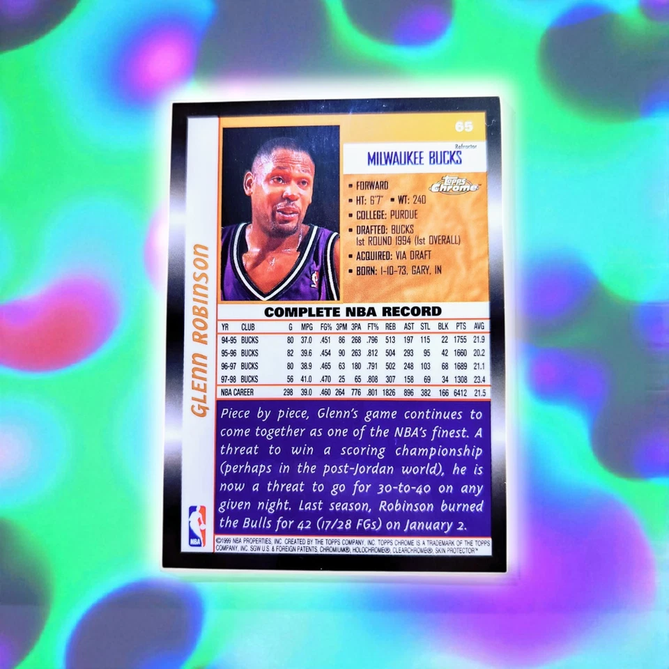 1998-99 年 Topps Chrome 折射器 #65 Glenn Robinson 罕见 EBAY MT BUCKS 上只有一个 — 第 2/2 张图片