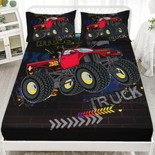 Trucks Fitted Sheet Twin XL Size, Monster Trucks Bedding Set for Boys Teens,E...