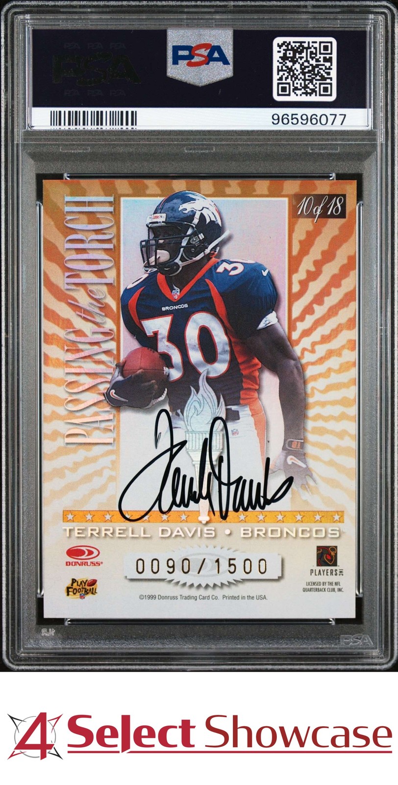 1999 DONRUSS ELITE PASSING THE TORCH #10 JIM BROWN #/1500 POP 1 PSA 9 DNA AUTO 9 view 2
