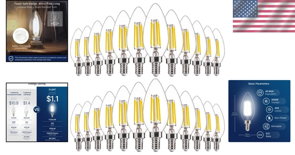 E12 Base LED Candelabra Bulbs, 40W Equivalent, 24 Pack - Image 2 of 4