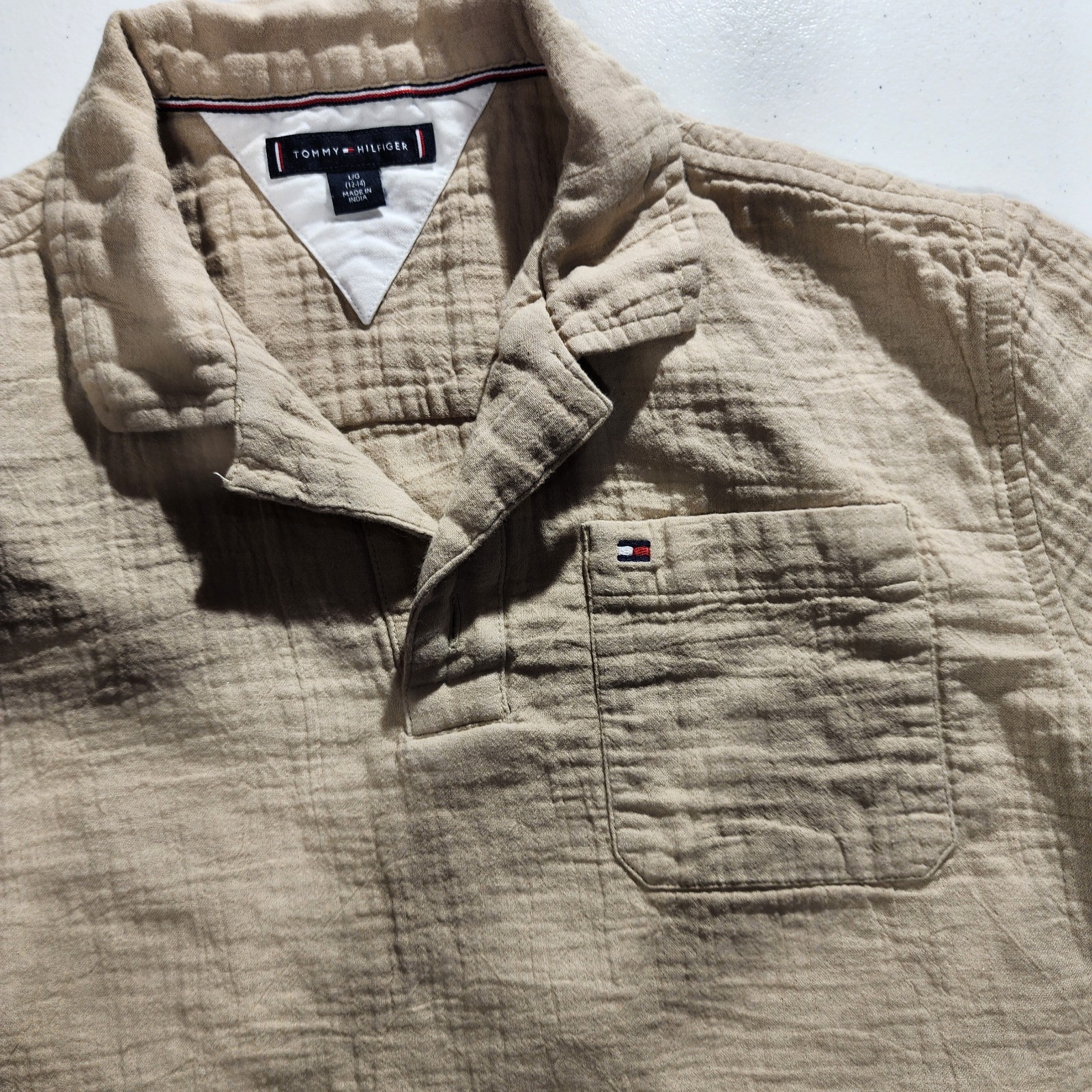 Tommy Hilfiger Boys Beige Casual Shirt L/G (12-14) Short Sleeve 100% Cotton Logo thumbnail 4