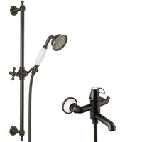 PaulGurkes Nostalgie Wannenarmatur Aufputz Retro Schwarz Armatur Duschstange Set