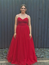 Red Tulle Bridesmaid/Prom Formal Dress Spaghetti Straps Lace-Up