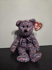 Red White And Blue USA Ty Beanie Baby Bear With Tags, Protector And Display Case