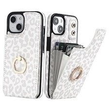for iPhone 13/ iPhone 14 Wallet Case with Card Holder, White Leopard