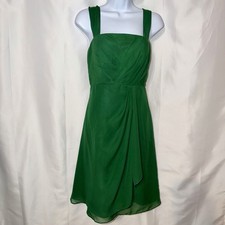 Azazie "Olivia" Dark Green A-Line Square Neckline Pleated Chiffon Dress Knee - 8