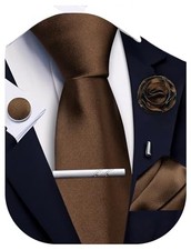 Solid Color Ties for Men Silk Satin Necktie and Pocket Square Cufflinks Brown