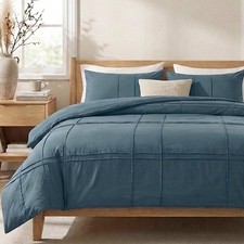 100 Cotton Dark Blue King Size Duvet Cover Set - 3 Pieces Pintuck Pleated Duvet