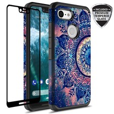 For Google Pixel 3 XL Hybrid Graphic Silicone Case W/ Glass Screen Protector