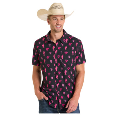 BMB3S06441 Rock & Roll Men's Short Sleeve TEK Western Snap Shirt Black Print NEW