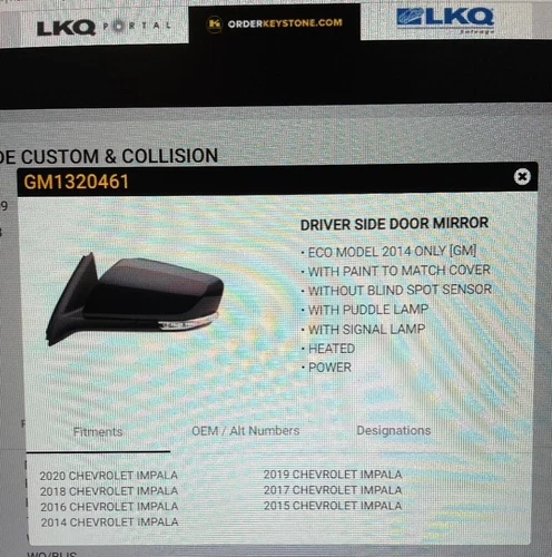 2014-2020 New Chevrolet Impala Door Mirror PTM