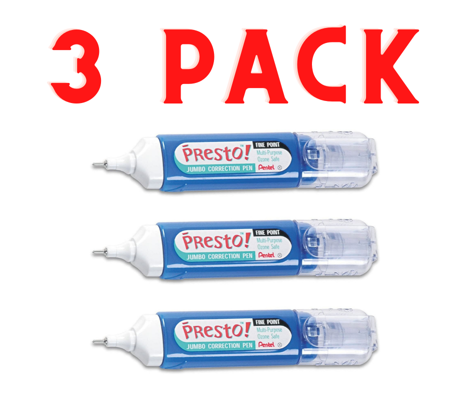 Pentel PRESTO Jumbo Fine Point Correction Pen White Out Metal Tip New, 3 PACK
