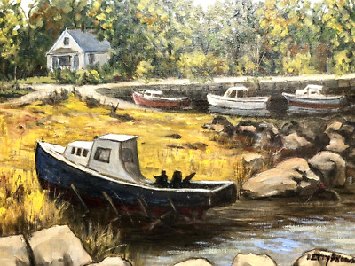 Original Oil Painting Rhode Island Fishing Boats in a Cove 1957 Primitive