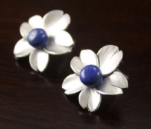 T08 Orecchini a Farfalla Fiori Con Lapislazzuli Blu 990 Argento Fine - Immagine 2 di 3