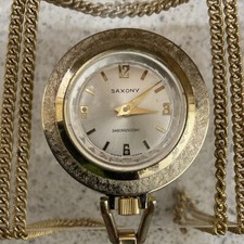 Vintage Saxony Wind Up Swiss Made Analog Pendant Watch w/ Gold Necklace Working