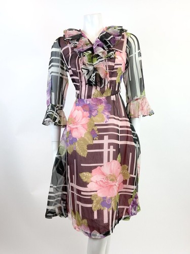 VINTAGE 60s 70s BLACK WHITE PINK GREEN GEOMETRIC FLORAL SHEER FLOUNCE DRESS 10 - Picture 3 of 9