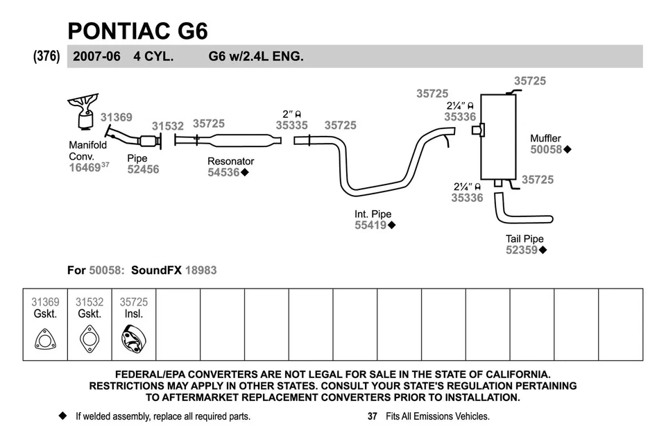 For Pontiac G6 2005-2007 Walker 55419 Aluminized Steel Exhaust Intermediate Pipe Foto 4 de 4