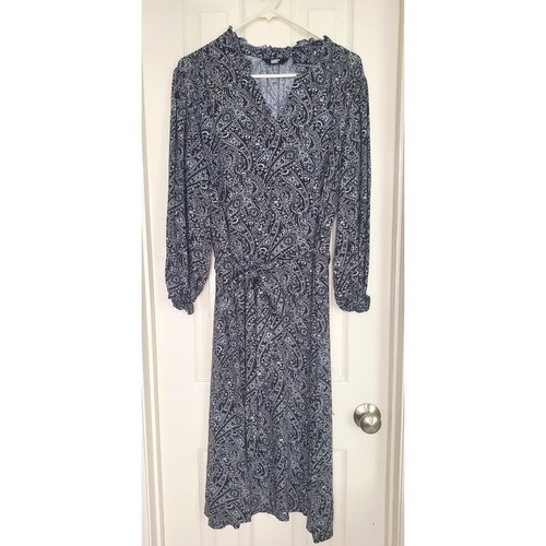 Lands End Casual Everyday Dress Navy Blue Paisley Boho Casual Career Plus 1X