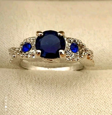925 Sterling Silver Round Cut Lab Created Blue Sapphire Engagement Wedding Ring