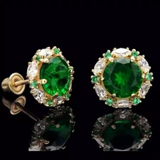 3Ct Lab Created Green Emerald Round Cut Halo Stud Earring 14K Yellow Gold Over