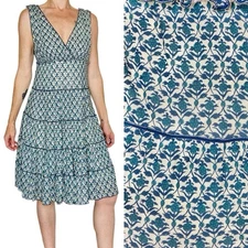 Studio M Blue & Cream Floral Sleeveless Boho Cottage Summer Knee-Length Dress