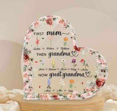 Personalized Great Grandma Birth Flower Acrylic Plaque Mom Grandma Gift Heart