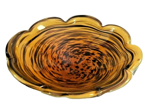 Vintage Murano Style Art Glass Brown and Gold Swirl Bowl Centerpiece Dish Decor