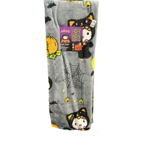 Hello Kitty Halloween Plush Throw Blanket Black Cat 50" x 70" Gray Black