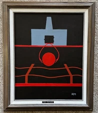 Vintage Geometric Surreal Abstract Painting Art Wall Hanging Signed REM Menges