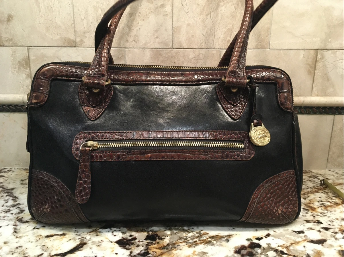 Brahmin Black Brown Croc Leather Tuscan Satchel Hand Bag W/Shoulder Strap