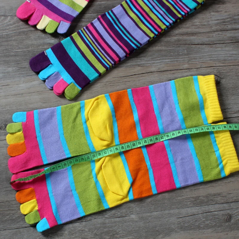 Women Toe Socks 3 Pairs Cotton Blend Rainbow Stripe Mid Calf Five Finger Socks - Image 3 of 4