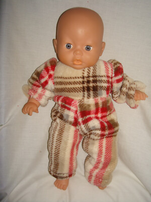 Handgefertigter weicher pelziger beige rot karierter Strampler, passt Neugeborenen, Little Annabell 14 Zoll 