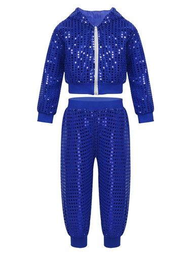 Girls Shiny Sequins Dance Outfit Long Sleeve Crop Tops and Pants Set Dancewear - Picture 29 of 80