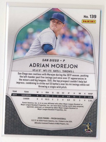 Panini Prizm #139 2020 Adrian Morejon radiocontrol San Diego Padres BX4 - Imagen 2 de 2