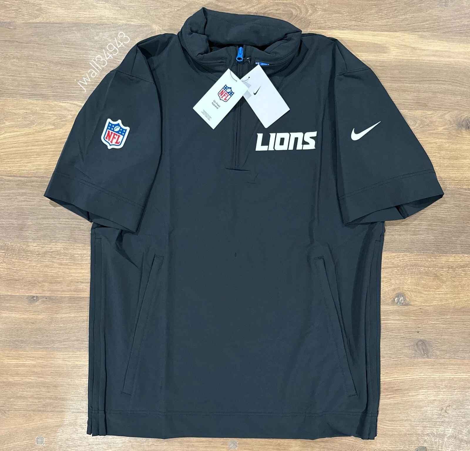 Giacca con cappuccio mezza zip manica corta Detroit Lions Nike Sideline Coach nera NUOVA