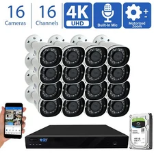 (16) 4K 8MP Motorized Zoom Microphone POE NVR AI Bullet Security Camera System