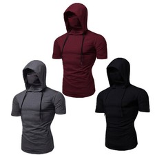 Men Hoodie with Mask Short Sleeve Sweatshirt Sport Workout Muscle Shirt Top
