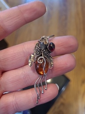 Handmade artisan Sterling Silver Amber pendant with Garnet flower motif